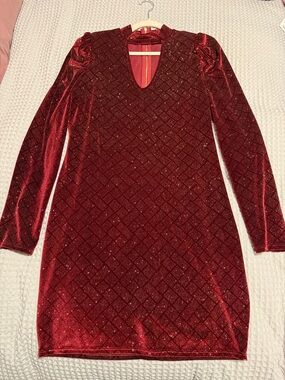 Women's Red Glitter Midi Dress with V-Neck